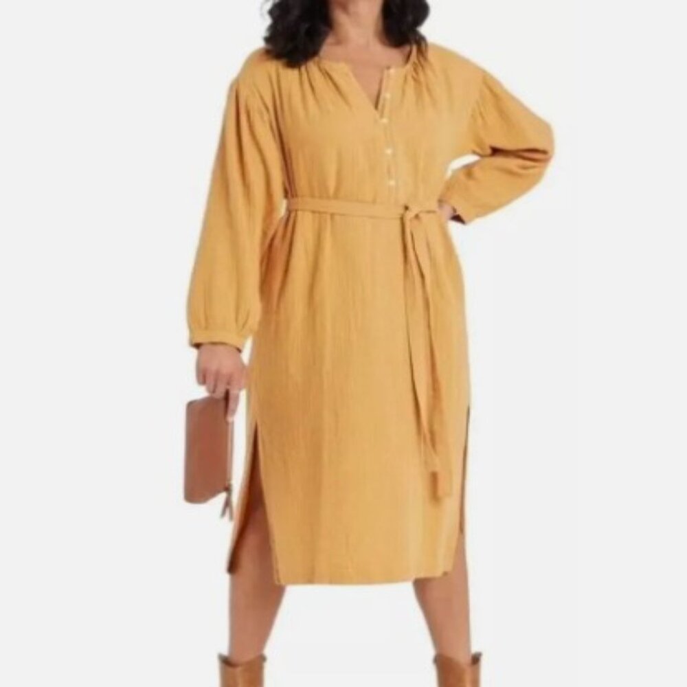Universal Thread Mustard Gold Balloon Sleeve Gauze Dress Midi Tie Waist Henley
